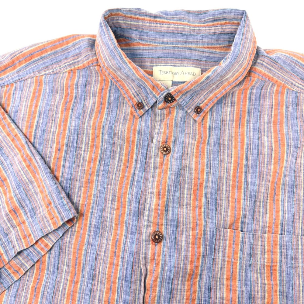 Territory Ahead Mens XL Short Sleeve Button Down Shirt Blue Orange Stripe Cotton